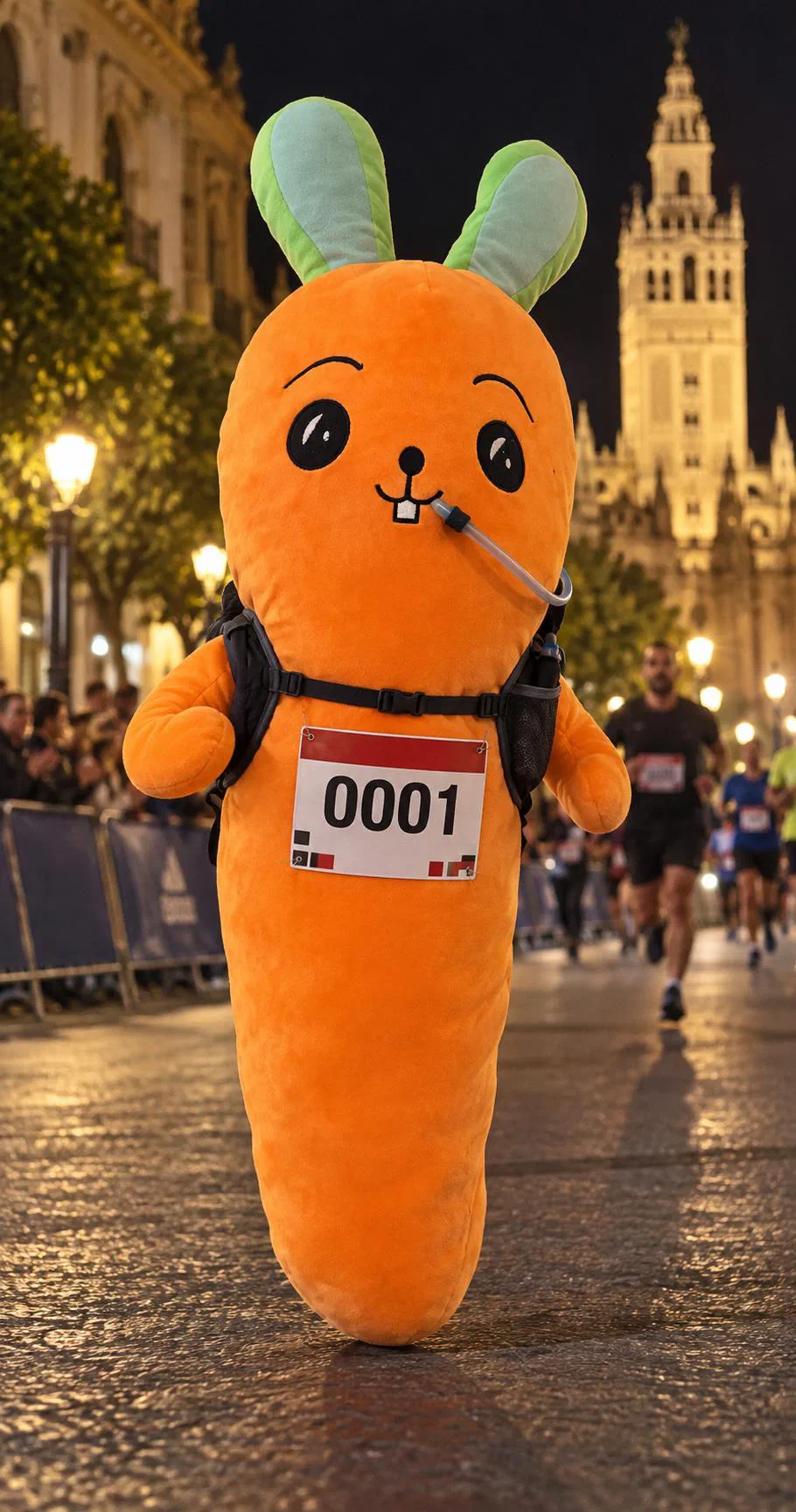 Conejoria corre de noche por Sevilla con el dorsal 0001 y una mochila de hidratación, mientras bebe por el tubo con la Giralda iluminada al fondo.