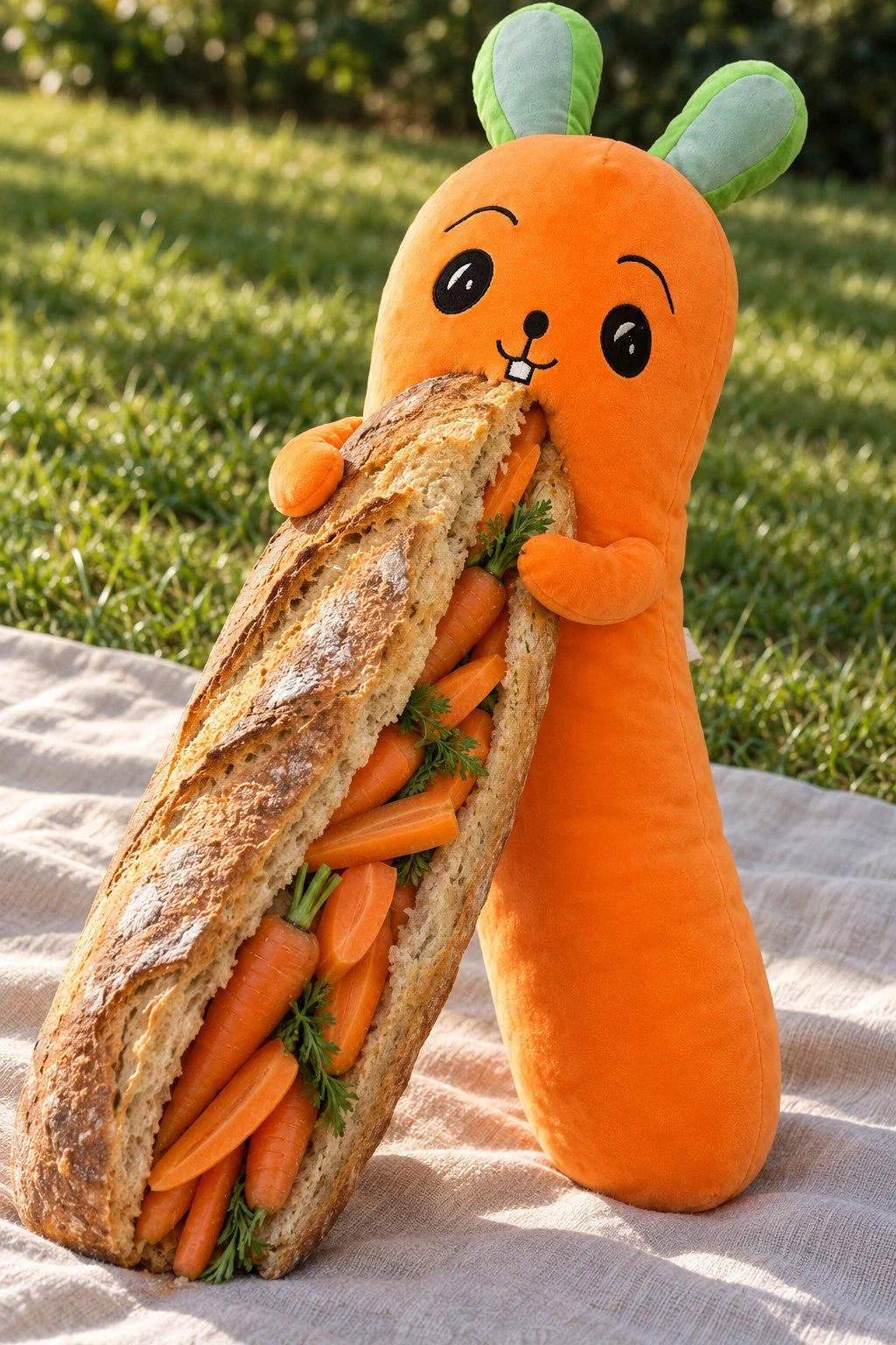 Conejoria sostiene un bocadillo enorme de pan rústico relleno de zanahorias sobre una manta de pícnic en un parque.