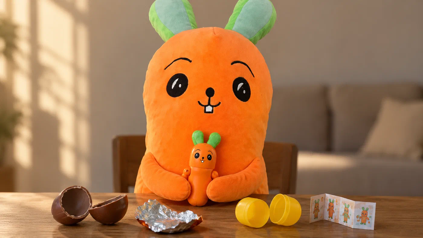 Conejoria sostiene una miniconejoria de plástico ante un huevo de chocolate abierto y una cápsula amarilla.